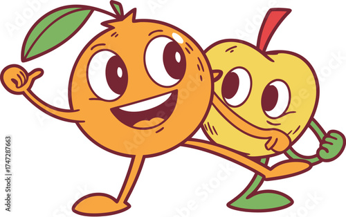 orange mascot hugging another fruit friendship an