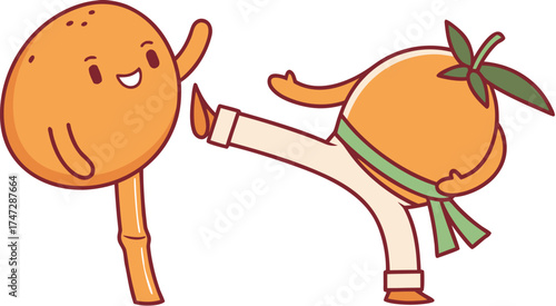 orange mascot doing karate kick energetic sport c