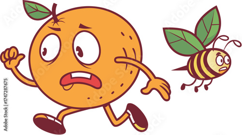 orange mascot running from bee funny scared carto