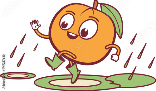 orange mascot jumping in puddle rainy day fun ill