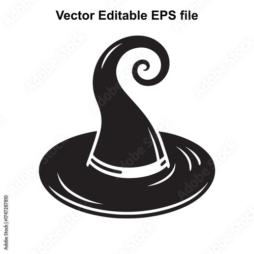 Vector art of black pointed witch hat with curled tip