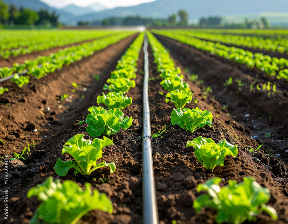 Obraz premium Lush Green Lettuce Rows Irrigated by Drip System Under Bright Sunlight.