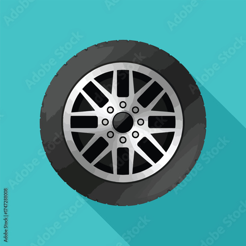 Flat design car wheel icon with long shadow - Logo vector icon stock illustration - Flat Design Icon