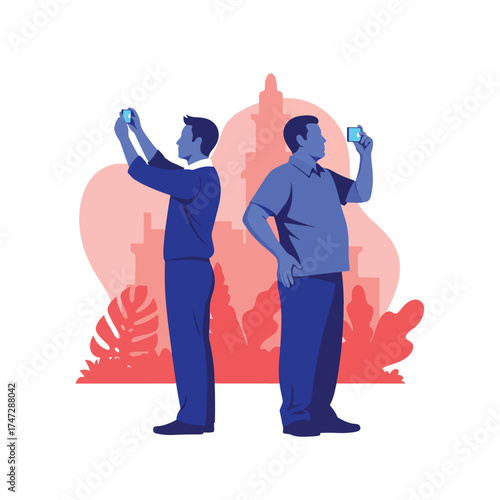 Two men taking photos with smartphones in flat design style - Logo vector icon stock illustration - Flat Design Icon