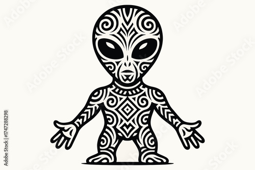 Stylized alien figure with intricate tribal patterns and large eyes