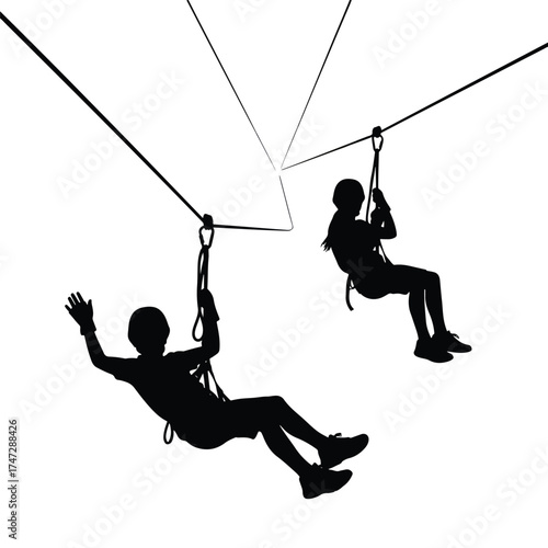 Two people zip lining down cables adventure recreation activity - Logo vector icon stock illustration - Flat Design Icon