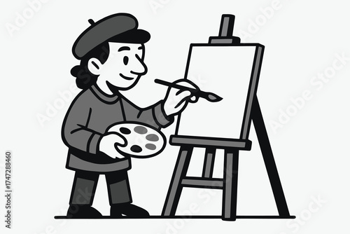 Cartoon artist in beret painting on a canvas easel with a palette and brush