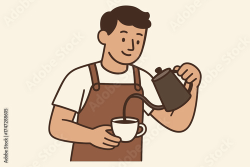 Friendly barista carefully pouring hot coffee into a white cup with a gooseneck kettle