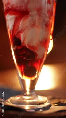 A glass of red and white drink with berries in it. The drink is in a tall glass and is sitting on a table