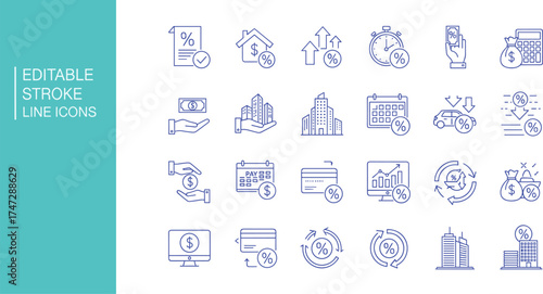 Vector collection of line icons representing business concepts like financial auditing, tax regulation, and legal compliance analysis