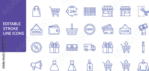 Editable line icons collection for online shopping, commerce, and retail, featuring carts, payments, and store elements