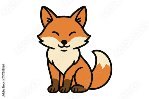 Adorable cartoon fox sitting happily with closed eyes and fluffy tail
