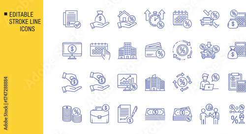 Modern financial management solutions represented by editable stroke line icons, perfect for banking, investment, and business visuals across digital and print