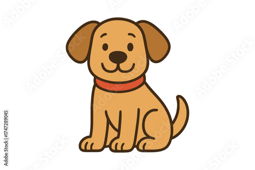 Cute cartoon golden retriever puppy sitting and smiling with a red collar