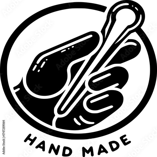 Handmade Craftsmanship: A detailed illustration of a hand, skillfully holding a crafting tool within a circular frame, symbolizing quality, care, and the artistry of handmade items. 