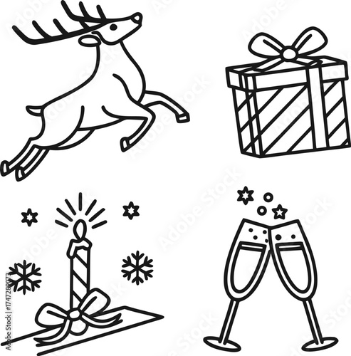 Simple line art christmas icons featuring reindeer gift snowman and santa claus isolated on transparent background