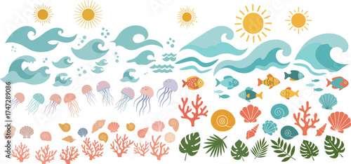 Flat Tropical Mirine Elements Set – Cute Jellyfish, Wave, Fish Coral Shell and Leaf Illustration