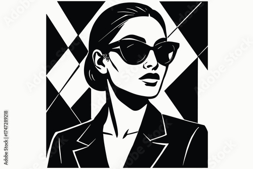 Stylish woman wearing sunglasses and blazer against geometric pattern background