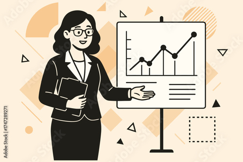 Businesswoman presenting a growing financial graph on a whiteboard during a meeting