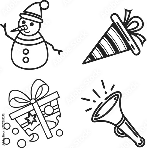 Festive christmas icons snowman snowflake party popper confetti celebration elements isolated on transparent background