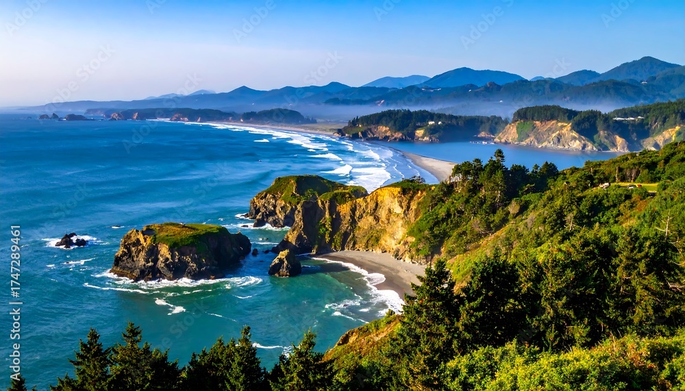 Fototapeta premium A breathtaking vista of a rugged coastline, featuring dramatic cliffs, a sandy beach, and turquoise waters.