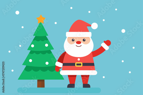 Santa Claus is seen with a sack of gifts and a decorated Christmas tree in a winter snow scene
