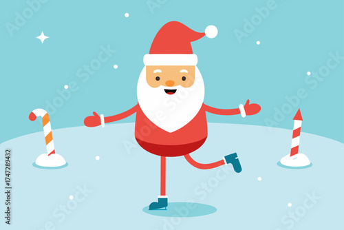 Cute cartoon Santa Claus and a happy snowman with a Christmas tree celebrate the winter holiday season with gifts and decoration