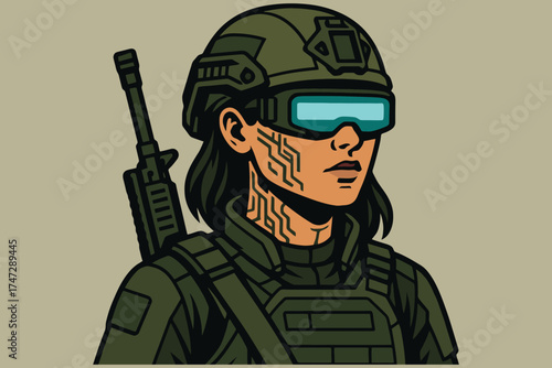 Female soldier in tactical gear with rifle and futuristic goggles ready for combat