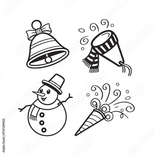 Set of four christmas icons featuring snowman bell scarf and gift box decorative elements isolated on transparent background