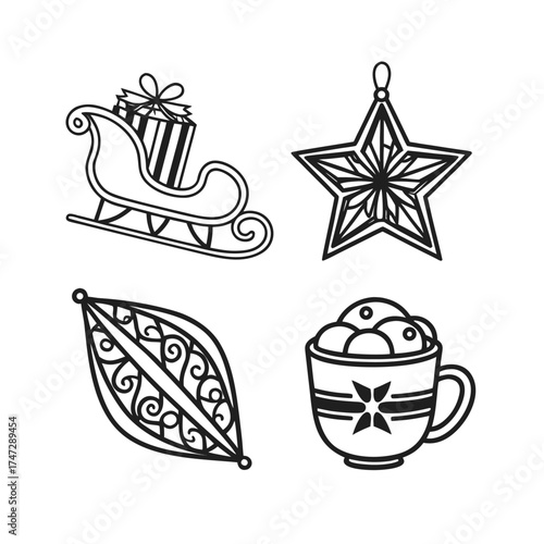 Festive holiday icons sleigh star leaf mug outline set decorative elements for christmas and winter designs isolated on transparent background