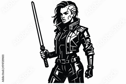 Cyberpunk woman warrior with glowing sword ready for battle in futuristic city