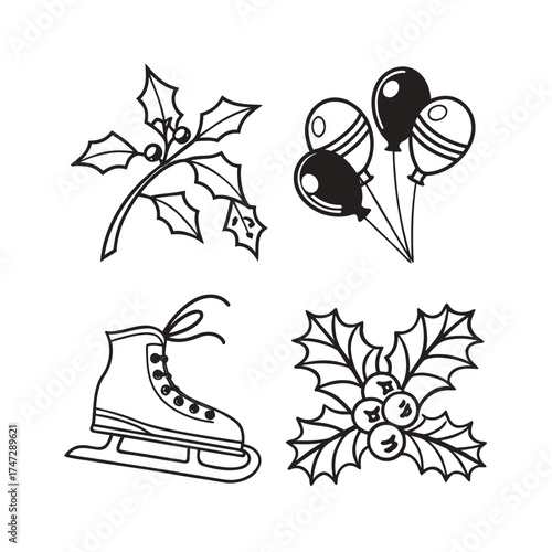 Winter season icons set featuring ice skate snowflake flower and poinsettia collection isolated on transparent background