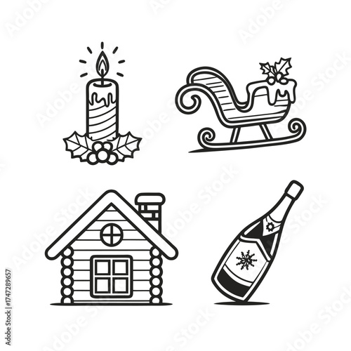 Christmas icons set festive candle sleigh cabin bottle celebration graphics isolated on transparent background