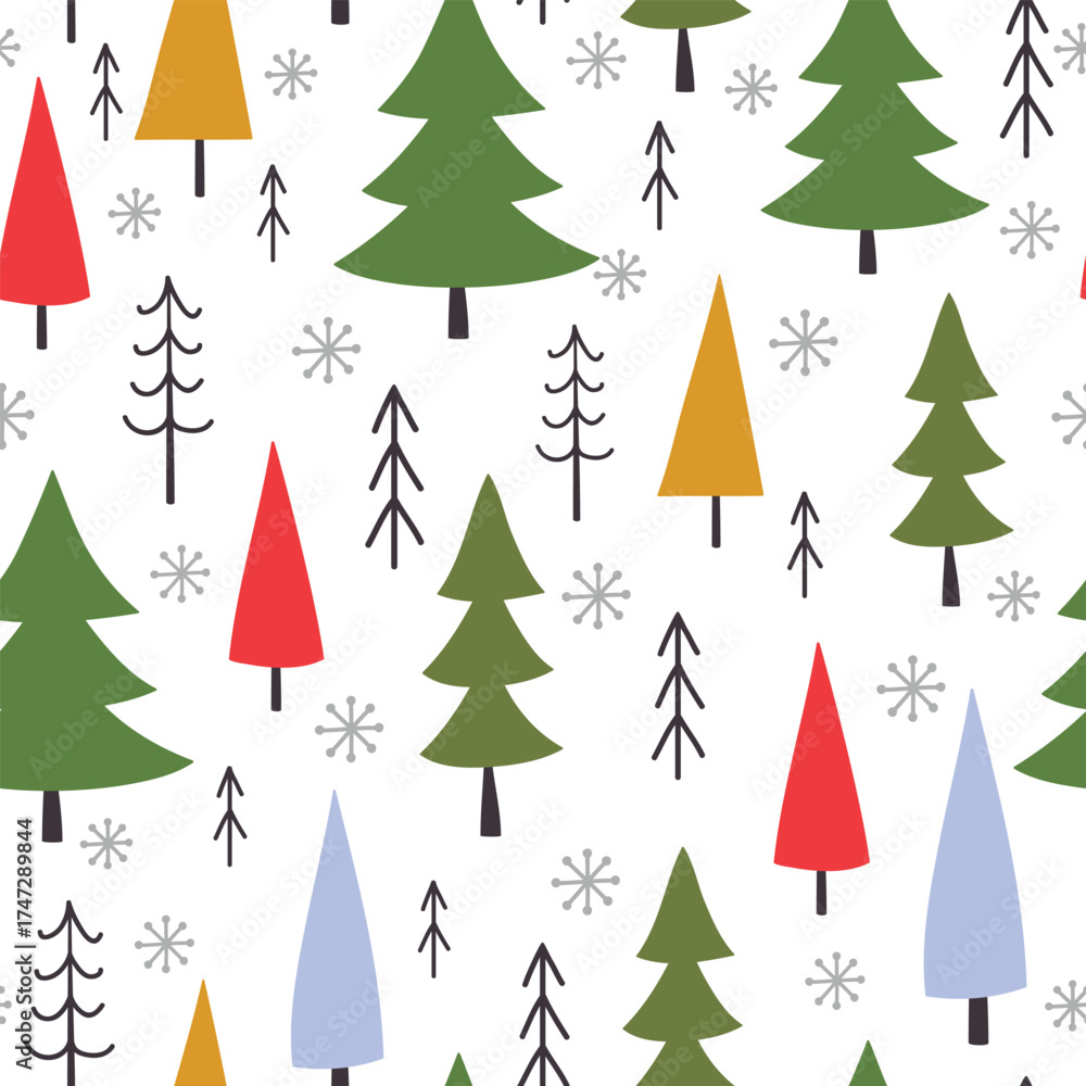 Obraz premium Winter seamless pattern with different trees and snowflakes. Vector illustration. It can be used for wallpapers, wrapping, cards, patterns for clothes and other.