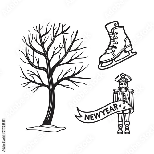 Bare winter tree with figures and ski boot outline art isolated on transparent background