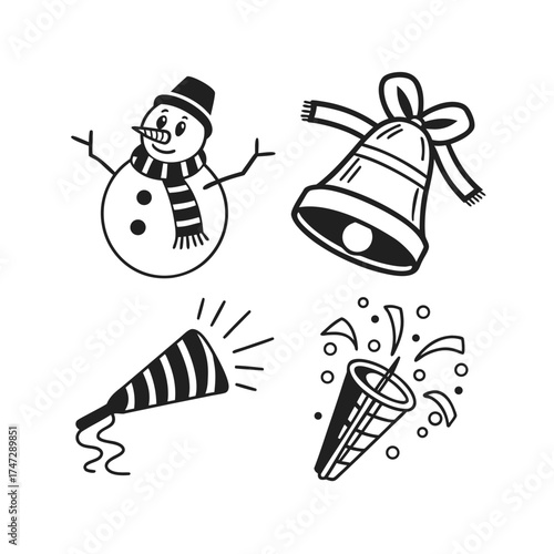 Festive christmas icons snowman bell candy cane stocking celebration isolated on transparent background