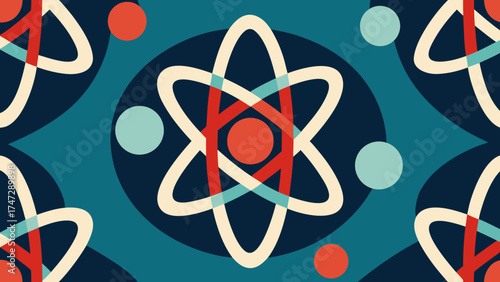 Seamless pattern of colorful circles with an atomic structure symbol and electron orbit design