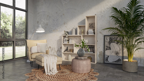 Large luxury modern bright interiors Living room mockup illustration 3D rendering image