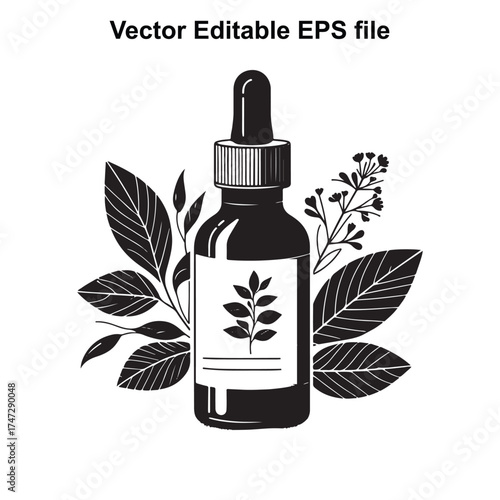 Vector art of black and white illustration of a dropper bottle with leaves