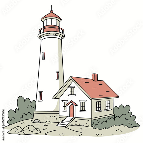 Classic lighthouse and keeper's cottage coastal scene sketch drawing isolated on transparent background