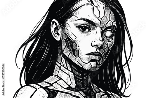 Striking black and white sketch of a cyborg woman with intricate mechanical details on her face and neck