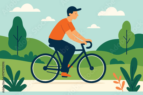 Man riding a bicycle on a path through a green park with trees and clouds