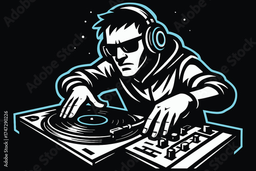 Energetic dj wearing headphones and sunglasses intensely mixing music on turntables and mixer