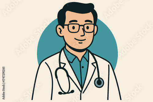 Friendly male doctor wearing glasses and stethoscope in a white lab coat