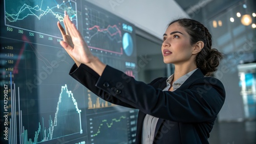 Innovative professional interacts with digital data displays in a modern office environment during the day