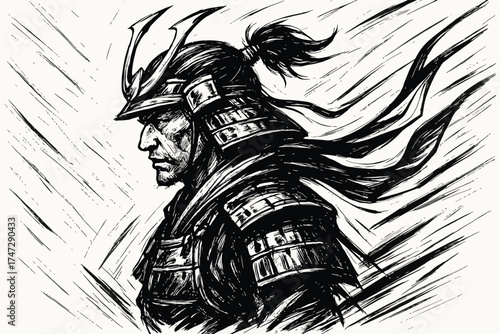 Profile of a fierce samurai warrior in traditional armor with flowing hair
