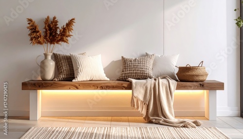 Elegant bench with decorative pillows and blanket adorned with dried grass and a woven basket in a softly lit setting, creating a warm and inviting atmosphere, showcasing modern interior design.