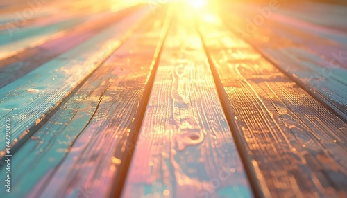 Warm sunlight bathes a wooden surface, showcasing detailed grain patterns and vibrant hues of blue, pink, and gold, illuminating the textured wooden planks with a soft, inviting glow, creating a...