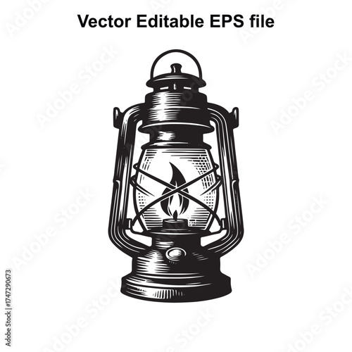 Vector art of vintage kerosene lantern with a lit flame