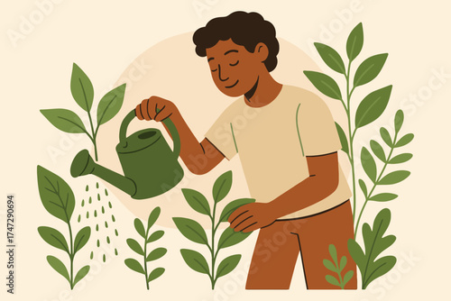 Young man watering plants in a garden with a green watering can surrounded by lush foliage